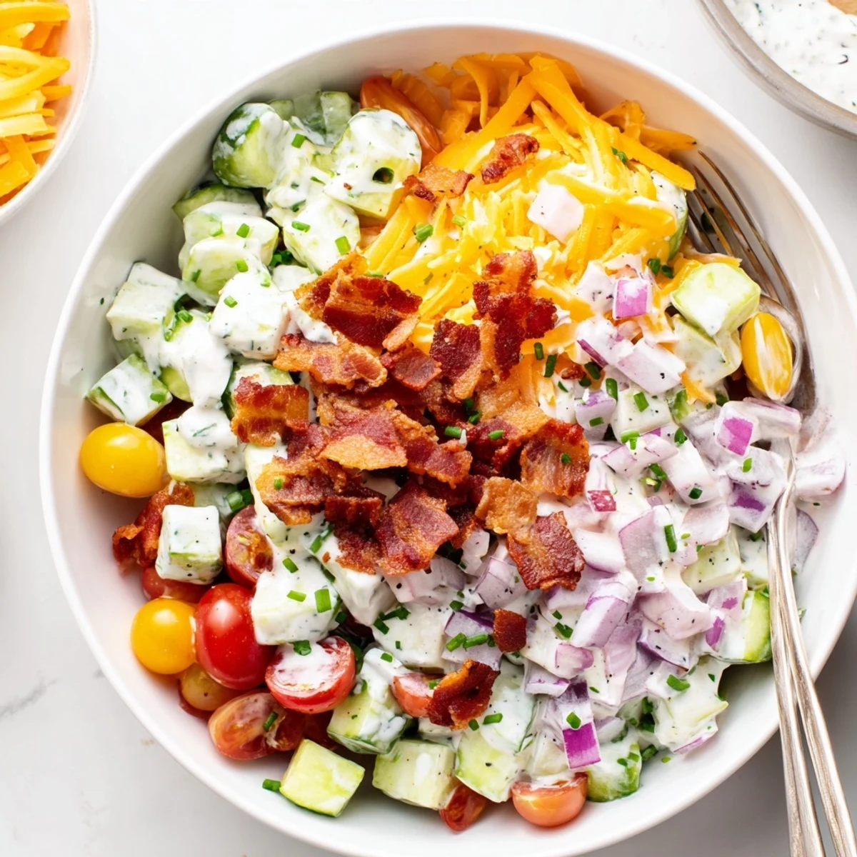 Cucumber Ranch Crack Salad piled in bowl, creamy ranch, crunchy bacon topping.