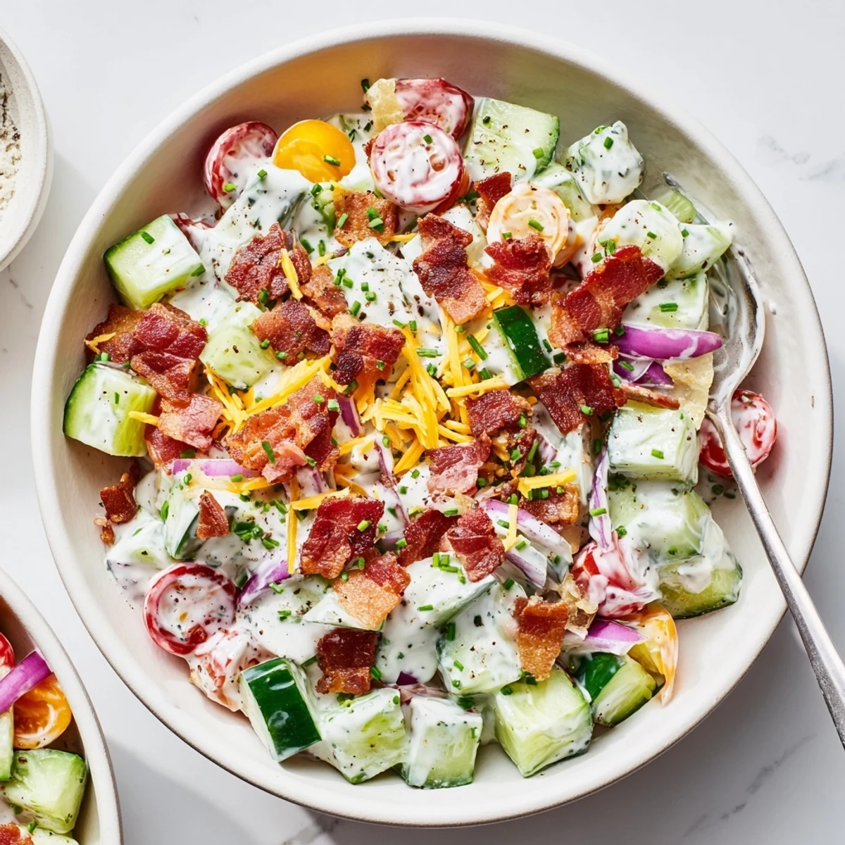 Bright Cucumber Ranch Crack Salad with diced cucumbers, cheddar, chips, chives.