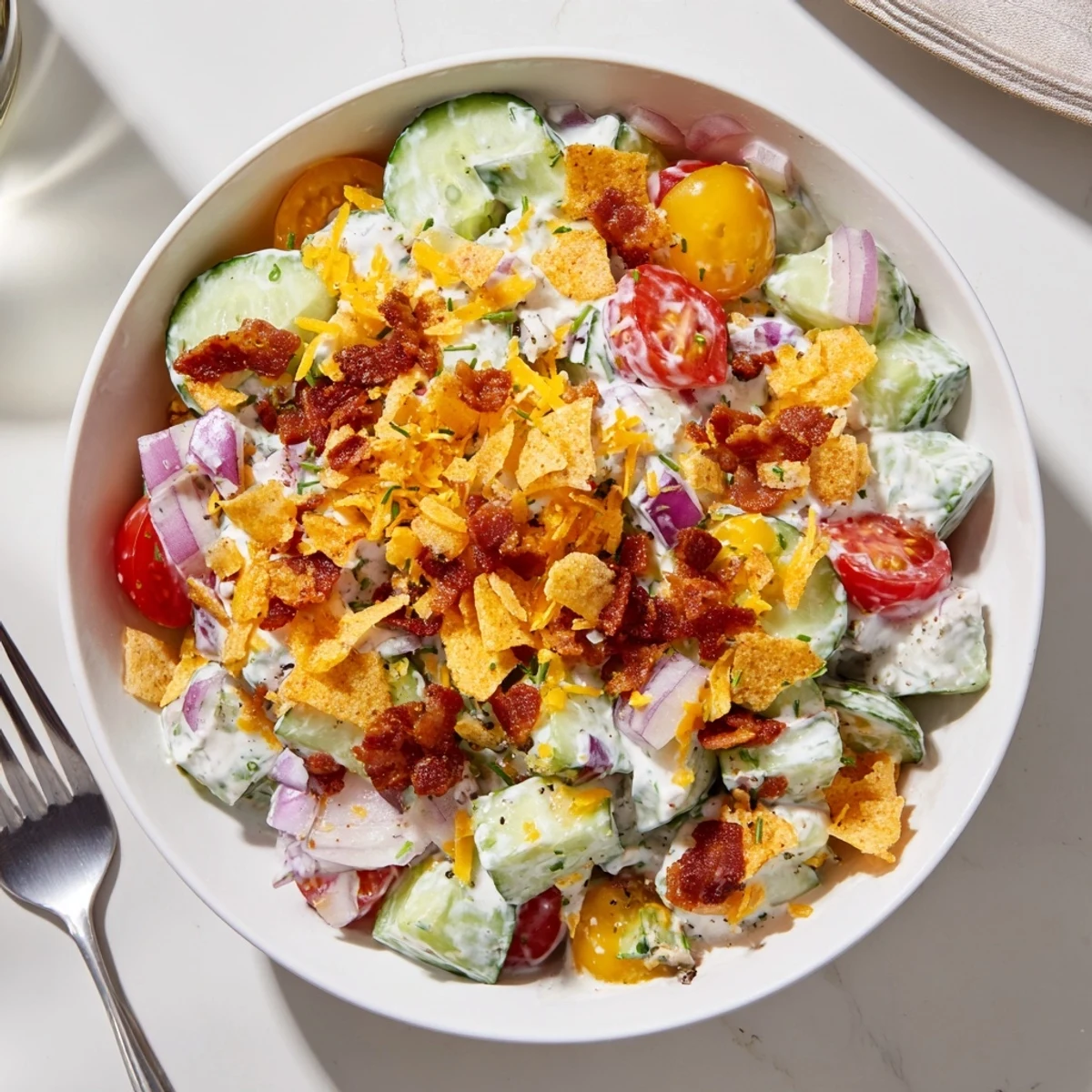 Serve Cucumber Ranch Crack Salad chilled at potlucks, tangy ranch, smoky bacon.