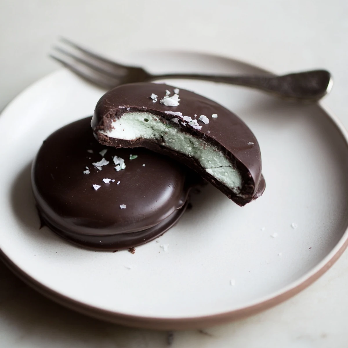 Peppermint Patties with glossy dark chocolate coating and creamy mint center