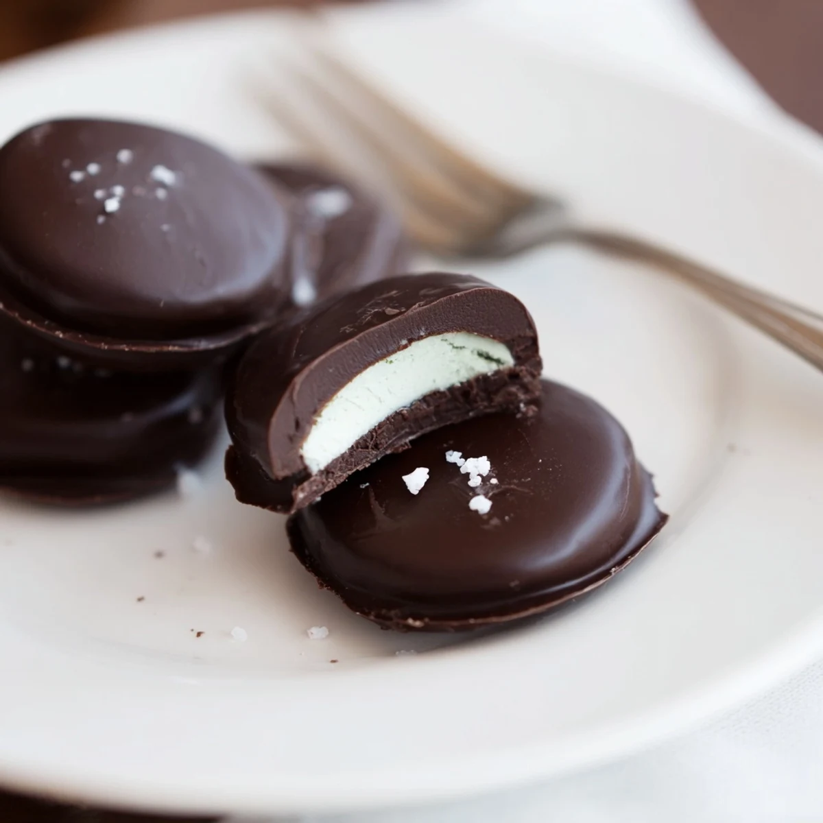Peppermint Patties stacked for gifting on parchment, flecked with sea salt