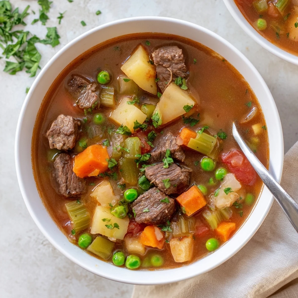 Steaming bowl of braised vegetable beef soup loaded with tender beef chunks and colorful garden vegetables