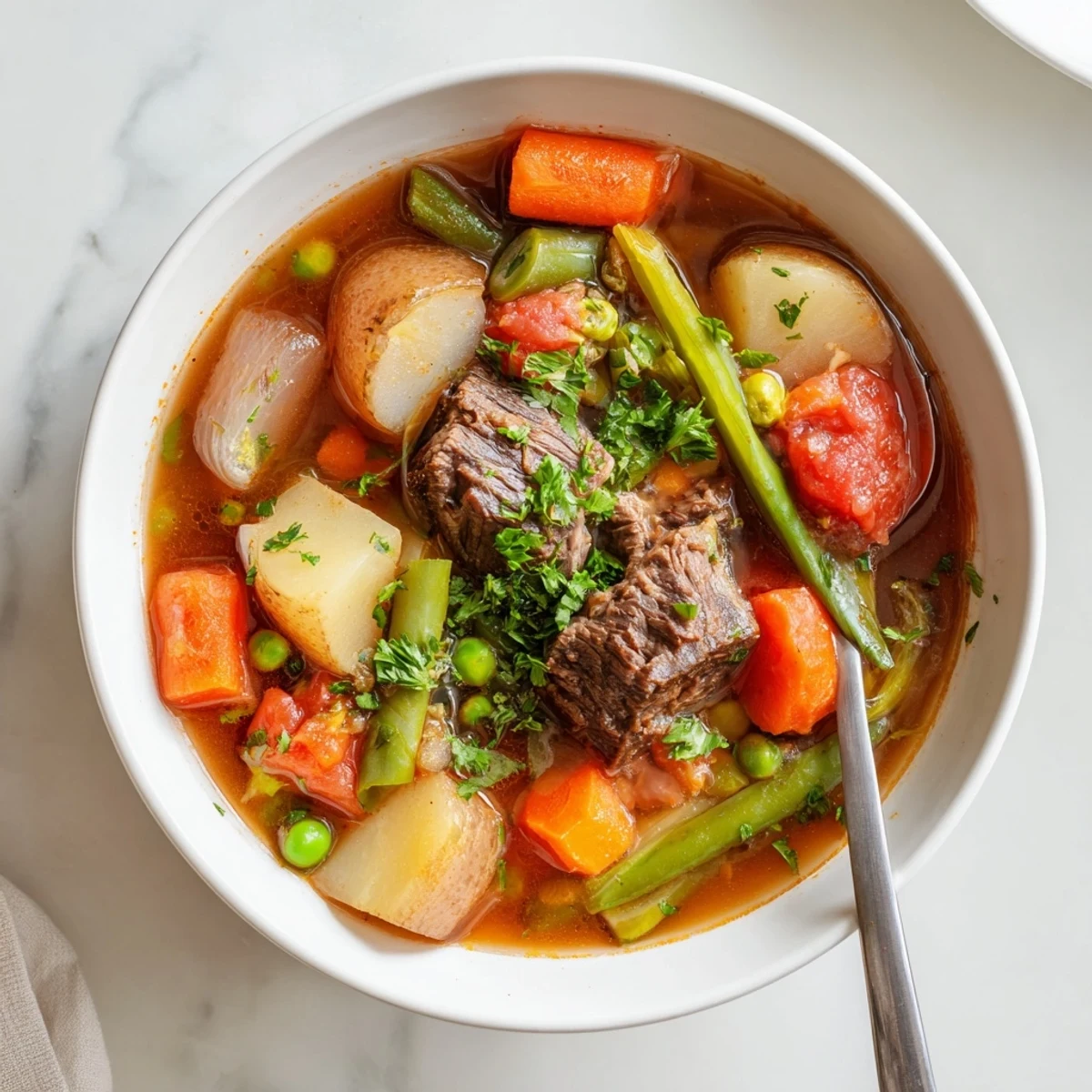 Hearty braised vegetable beef soup simmering in a rustic Dutch oven with fresh parsley garnish
