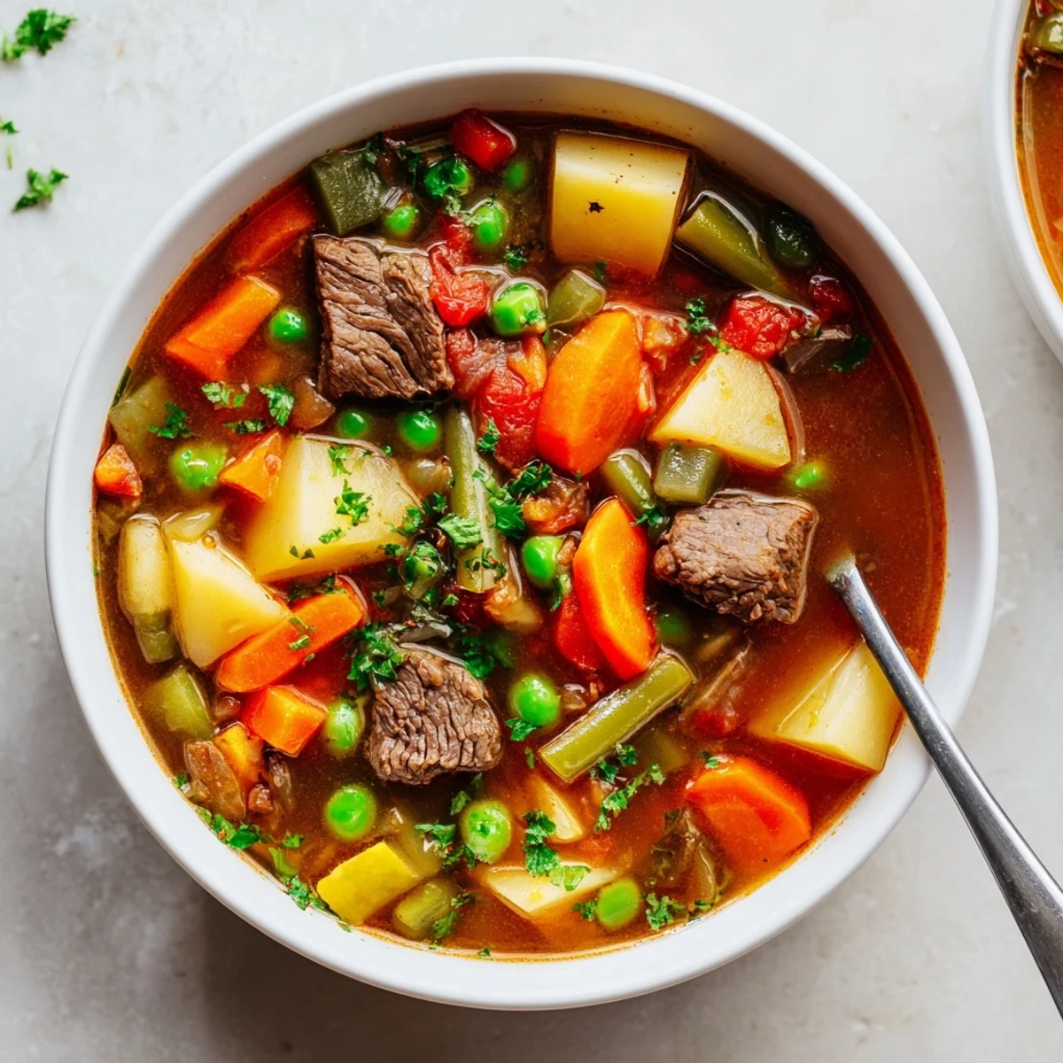 Comforting braised vegetable beef soup featuring melt-in-your-mouth beef and potatoes in rich savory broth