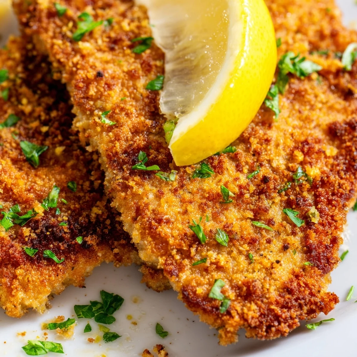 Pan-fried breaded beef cutlets served with bright lemon slices and chopped parsley for a classic Italian meal