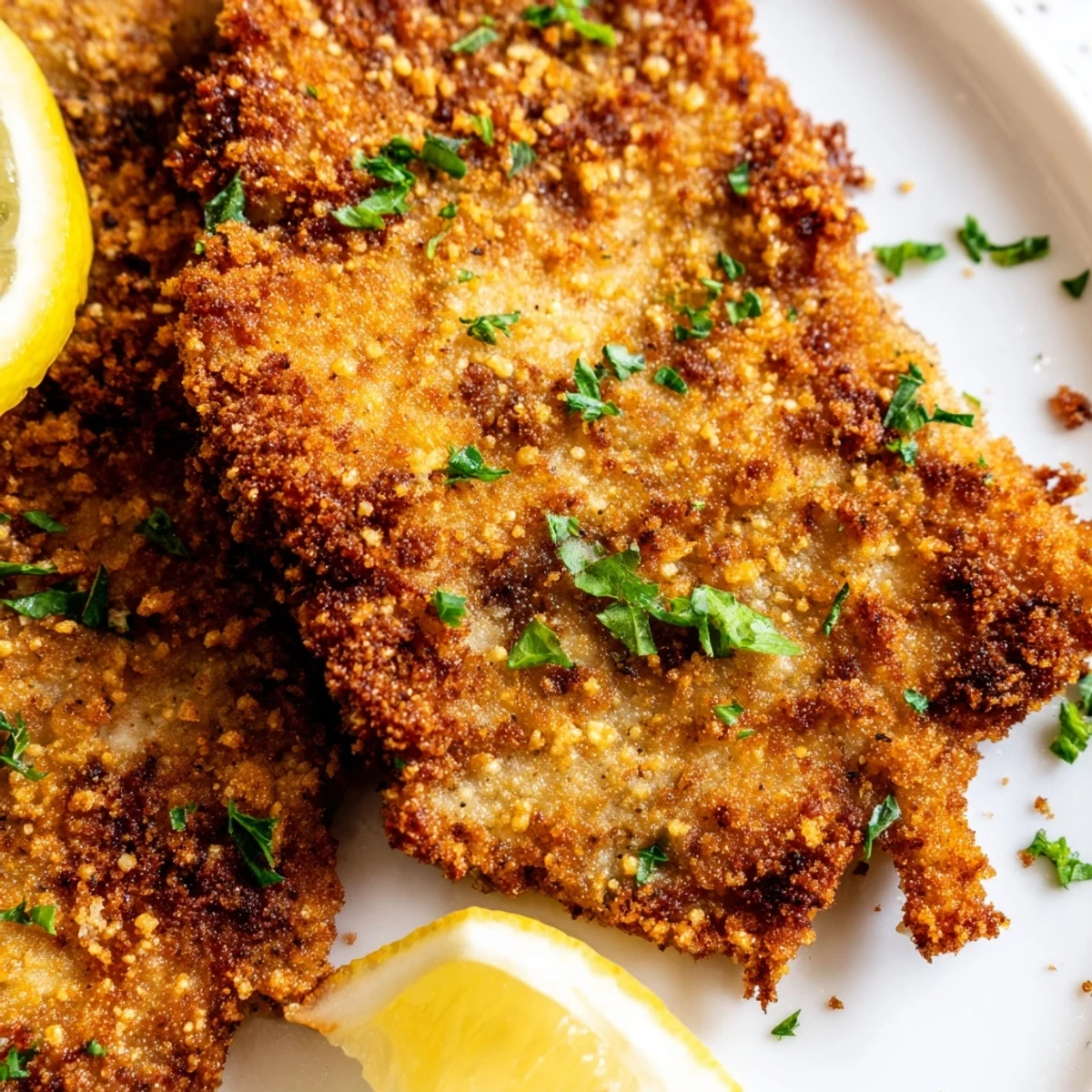 Golden brown crispy beef Milanese with crunchy Parmesan panko coating and fresh lemon garnish