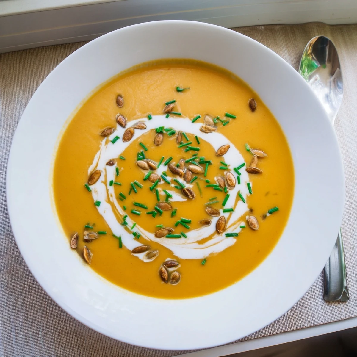 Creamy butternut squash soup garnished with toasted pumpkin seeds and fresh herbs in a white bowl