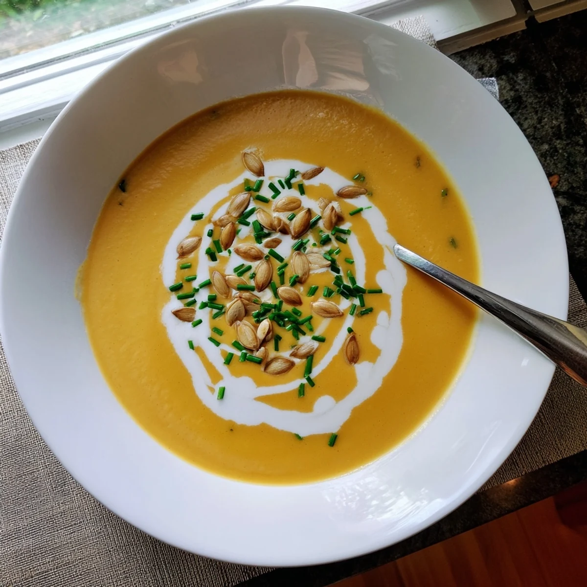 Golden orange butternut squash soup with carrot and roasted squash chunks ready for immersion blender