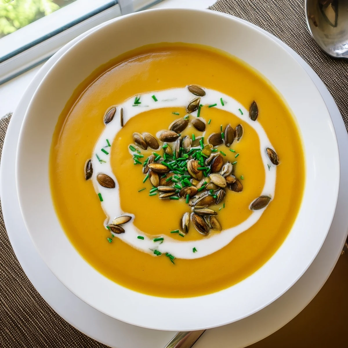 Steaming bowl of roasted butternut squash soup with swirl of coconut milk and chives on wooden table