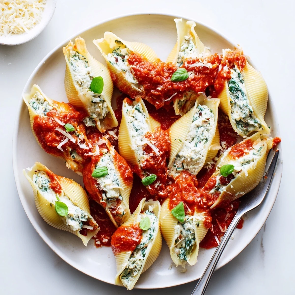 Golden jumbo pasta shells stuffed with ricotta spinach cranberry filling topped with rich tomato sauce and fresh basil garnish