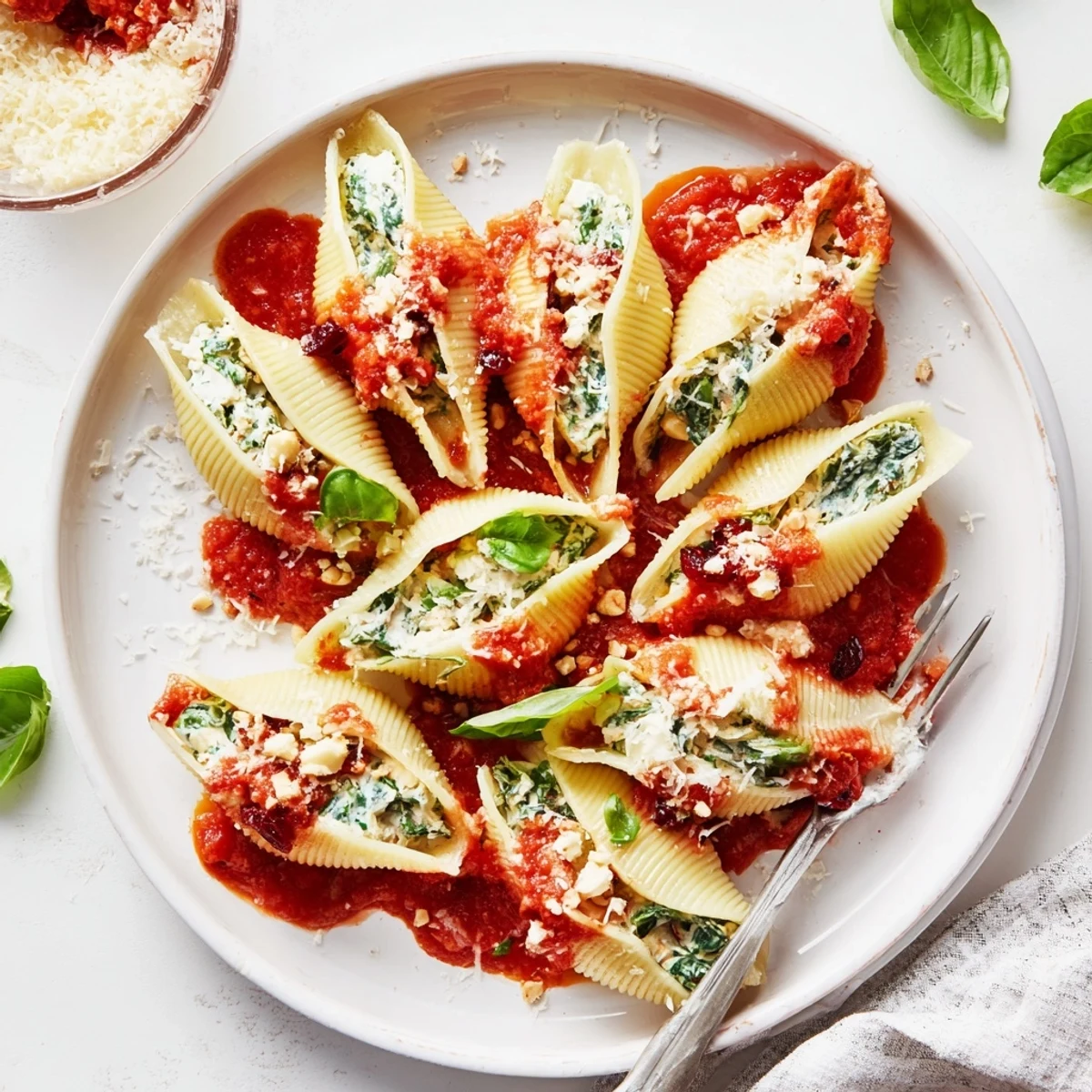 Festive Christmas stuffed pasta shells bubbling with creamy ricotta spinach filling and red cranberries in baking dish