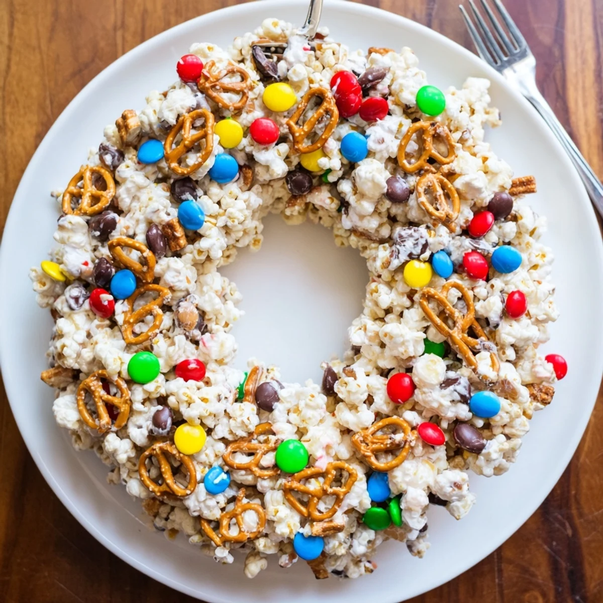 Colorful popcorn cake displaying fluffy marshmallow-coated popcorn studded with candies and pretzels in a Bundt shape