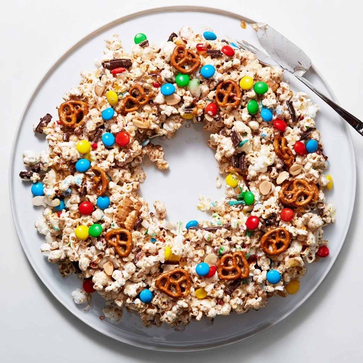 Sliceable popcorn cake featuring gooey marshmallow popcorn mixed with chocolate candies and salty pretzels