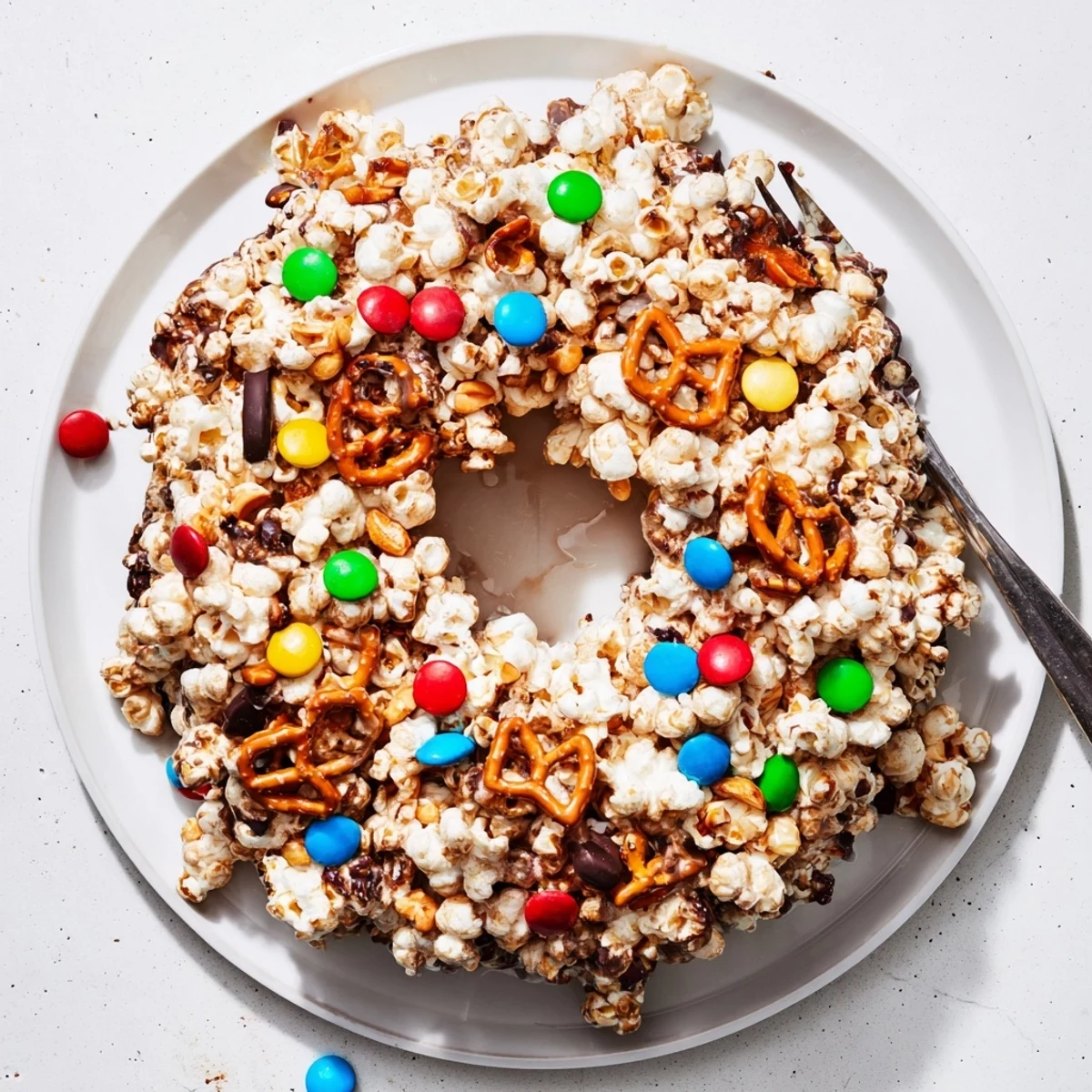 Festive popcorn cake with marshmallow-glazed popcorn, colorful chocolate candies, and crunchy pretzels sliced for serving