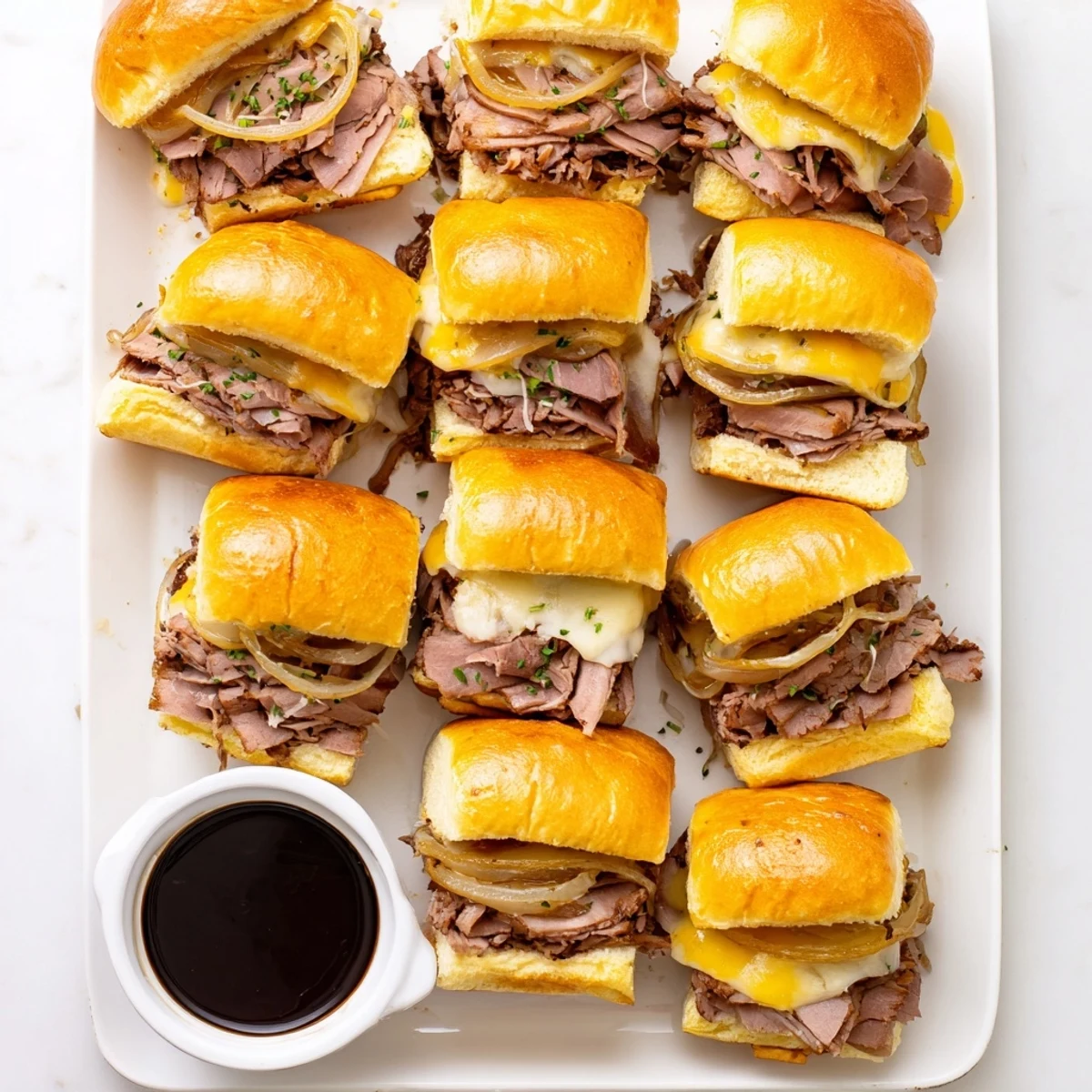 Golden French dip sliders featuring tender roast beef and melted provolone on toasted brioche rolls with rich beef broth for dipping