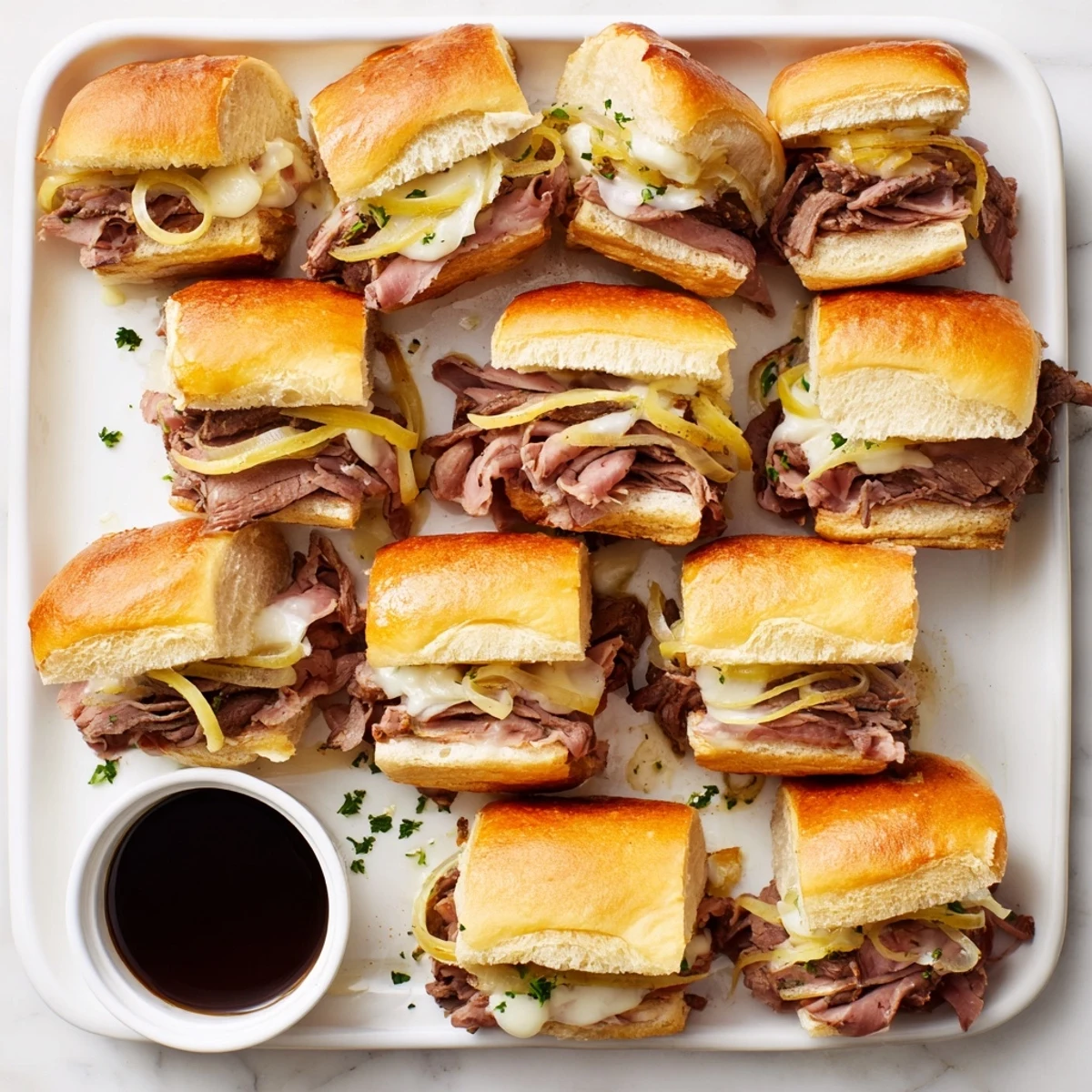 Close-up of cheesy French dip sliders showcasing layers of thinly sliced beef, melted provolone, and sautéed onions perfect for easy entertaining