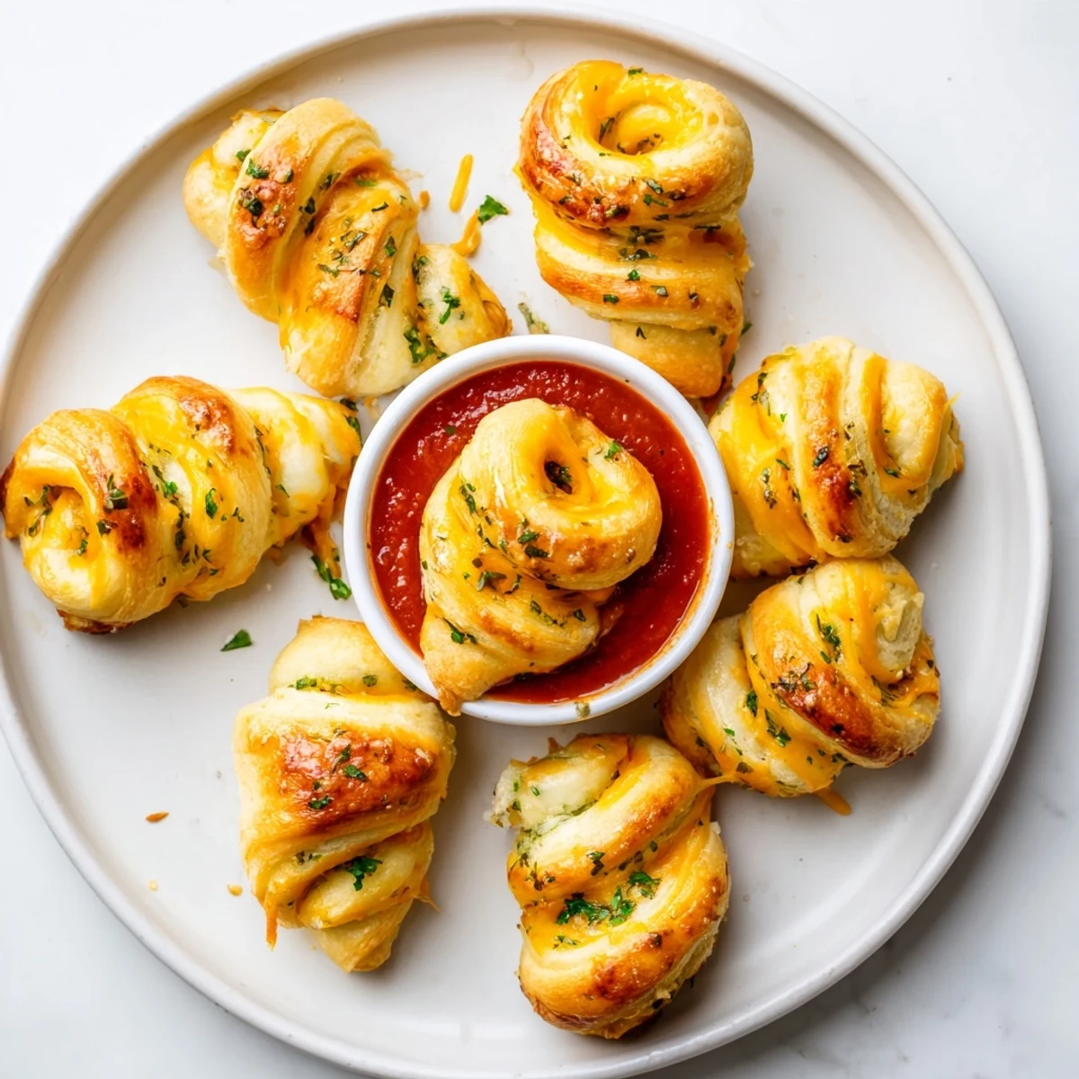 Warm crescent dough rollups stuffed with three cheeses and brushed with savory garlic butter