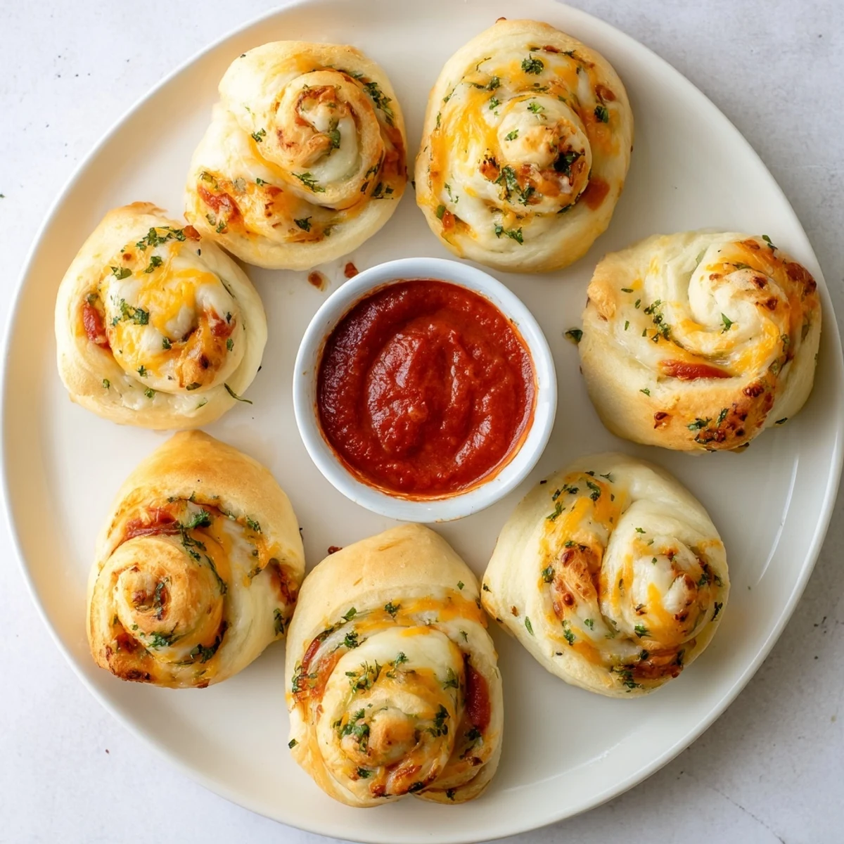 Baked cheesy garlic butter rollups served on a white plate with fresh parsley garnish