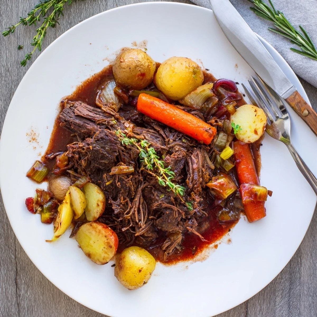 Slow-cooked herb braised beef chuck roast served over creamy mashed potatoes with vegetables