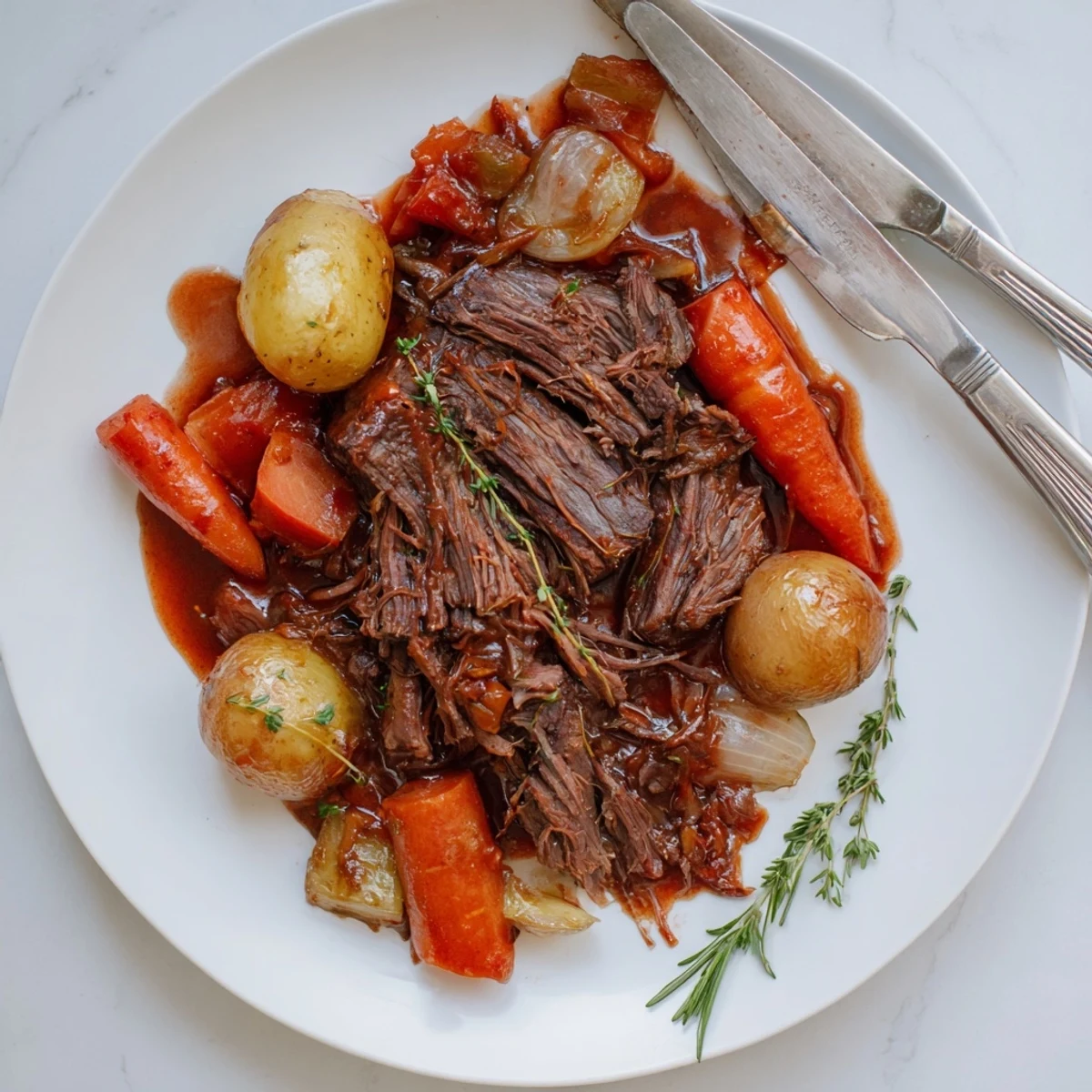Golden seared herb braised beef chuck roast nestled alongside baby potatoes and fresh herbs