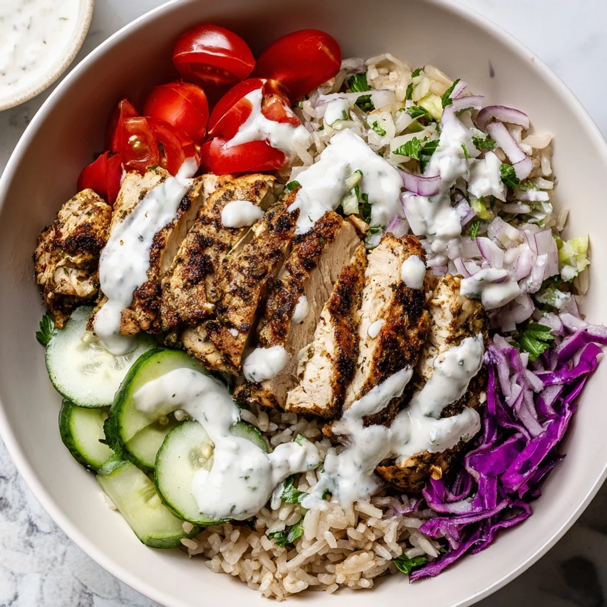 Healthy chicken shawarma bowl featuring spiced grilled slices over colorful vegetables with creamy tahini drizzle