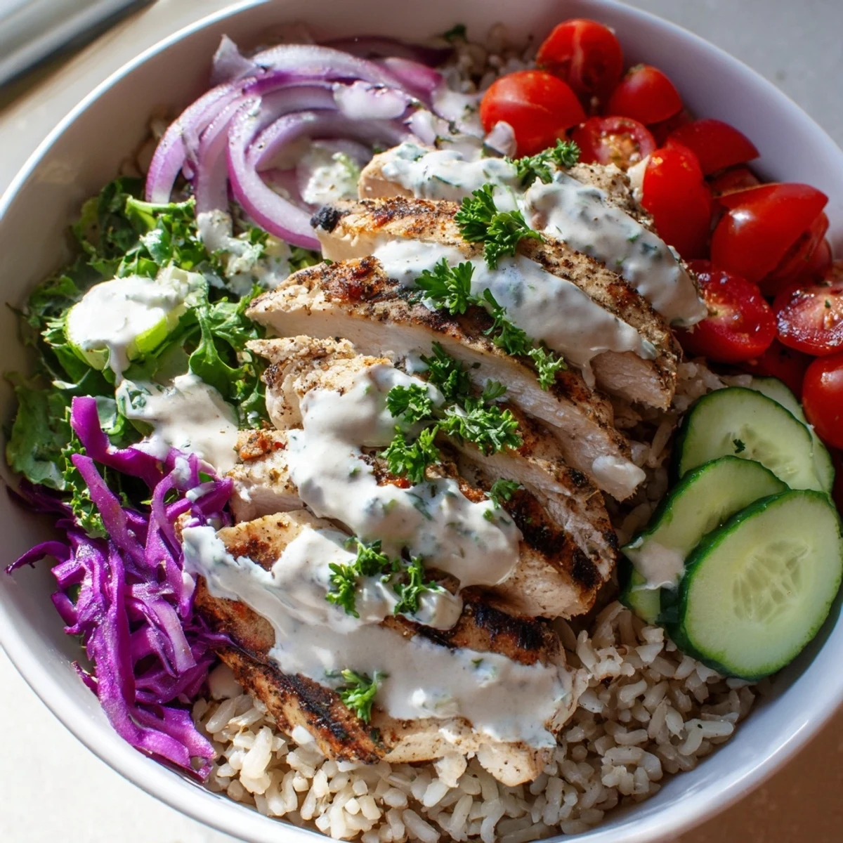 Wholesome chicken shawarma bowl arranged with brown rice, fresh veggies, and tangy yogurt sauce topping