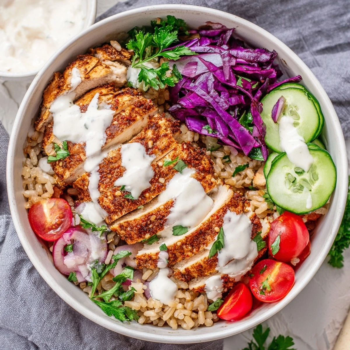 Vibrant chicken shawarma bowl showcasing marinated meat alongside crisp salad fixings and velvety tahini yogurt dressing
