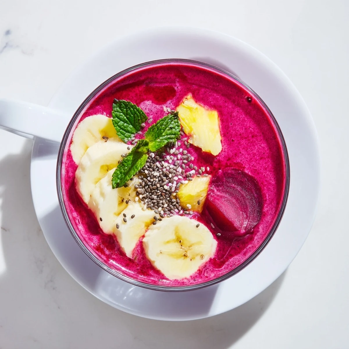 Vredients in a high-speed blender pitcher, featuring raw beet chunks, banana slices, frozen strawberries and pineapple, Greek yogurt, and orange juice waiting to be blended