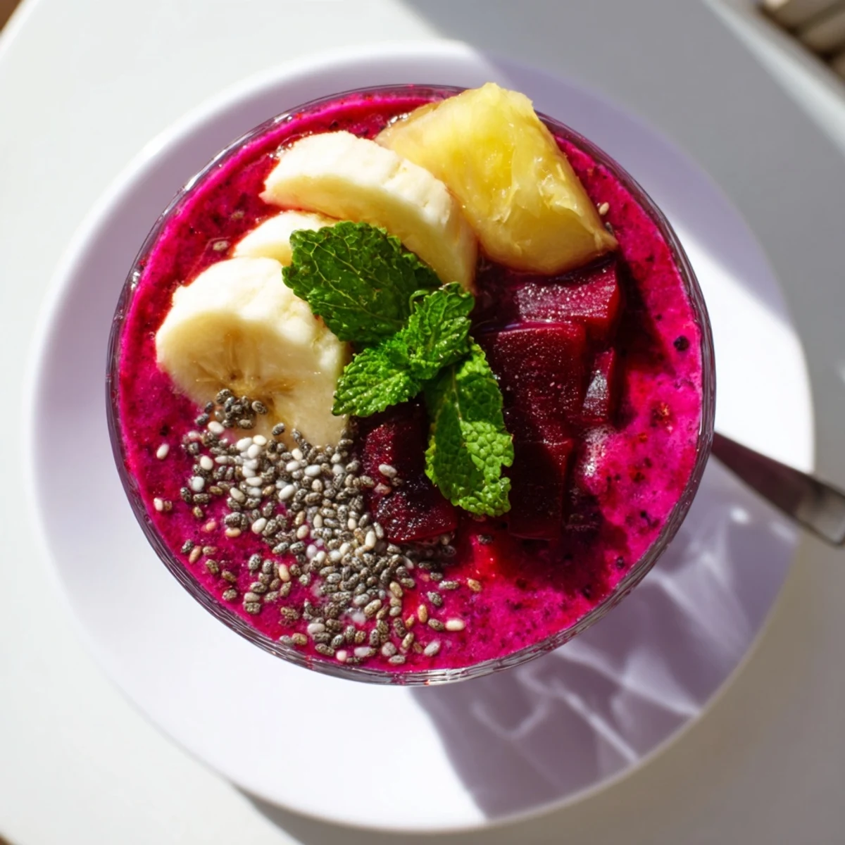 Vibrant purple Beet Smoothie poured into two glasses, garnished with fresh mint sprigs on a wooden table