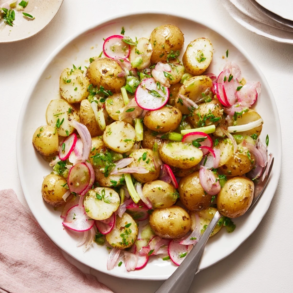 Golden roasted potato salad with crisp vegetables and tangy mustard dressing in a white serving bowl