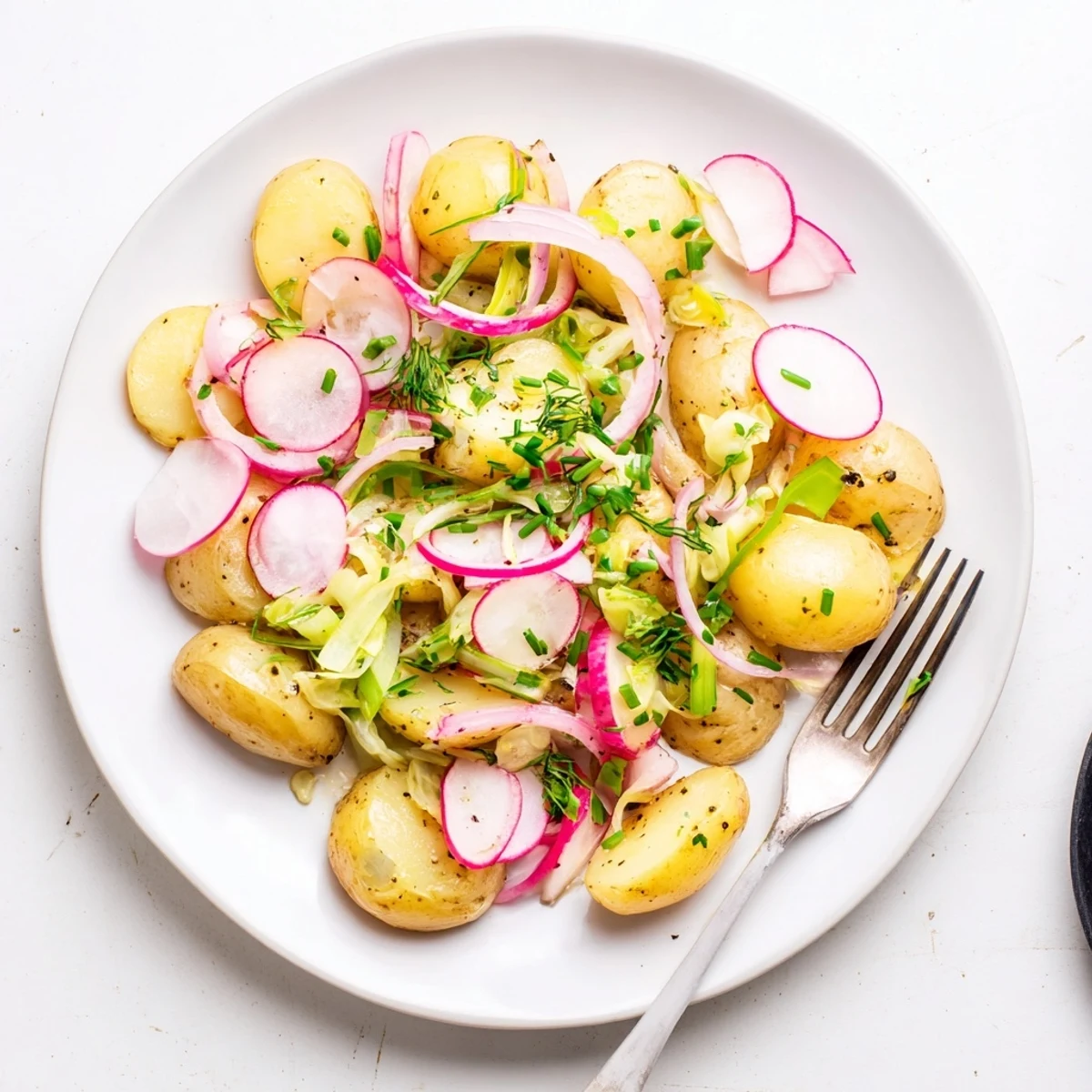 Vibrant bowl of roasted potato salad featuring fresh herbs red onion and zesty Dijon mustard dressing