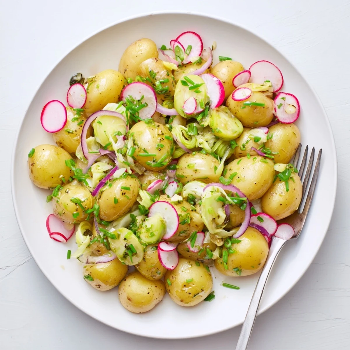 Hearty roasted potato salad tossed with colorful radishes celery and bright green chives for summer gatherings