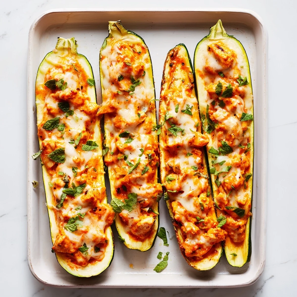Golden baked zucchini boats stuffed with creamy butter chicken and fresh green herbs