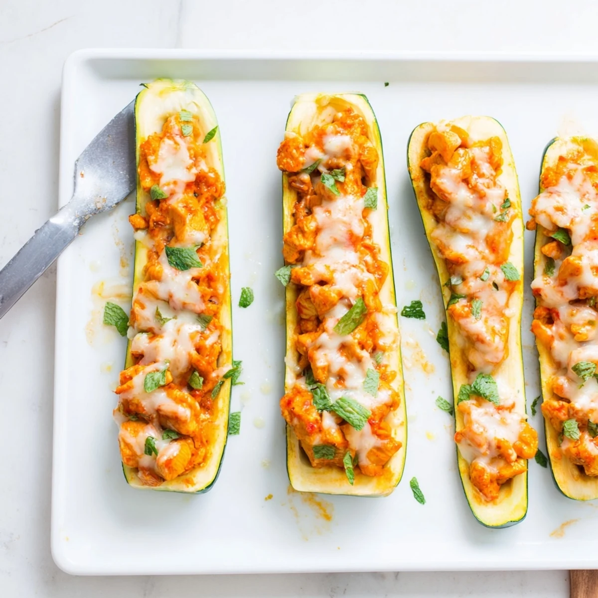Tender zucchini halves filled with spiced butter chicken topping finished with cilantro and mint