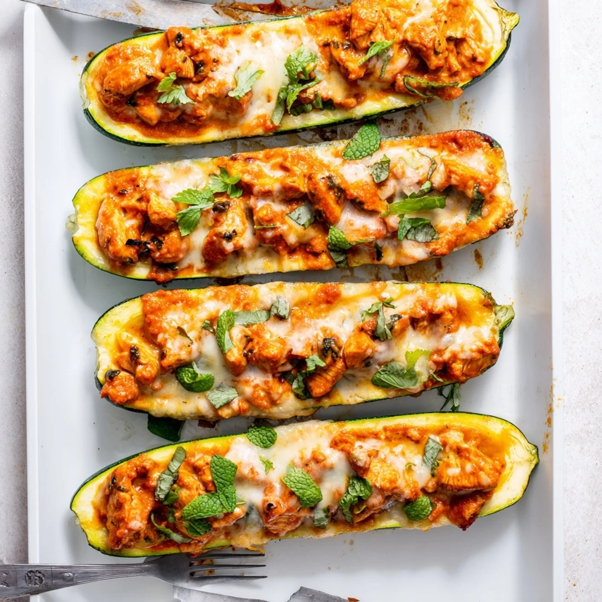 Creamy Indian spiced chicken filling baked inside hollowed zucchini boats garnished with herbs