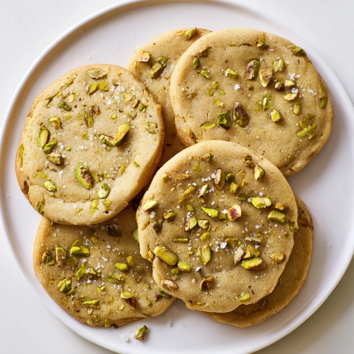 Soft chewy honey cookies studded with green pistachios on a white serving plate