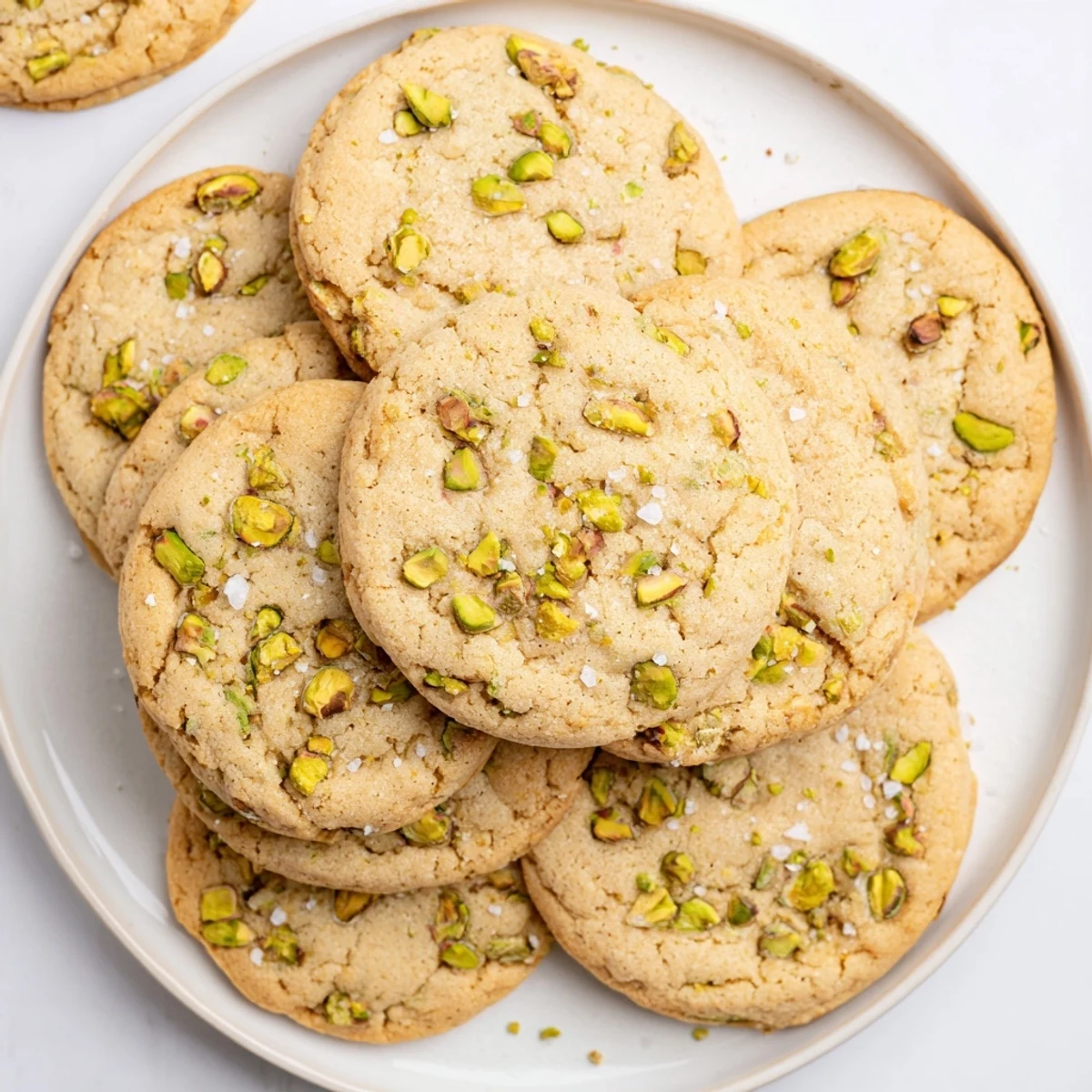 Golden brown salted honey pistachio cookies with chopped nuts and flaky sea salt topping