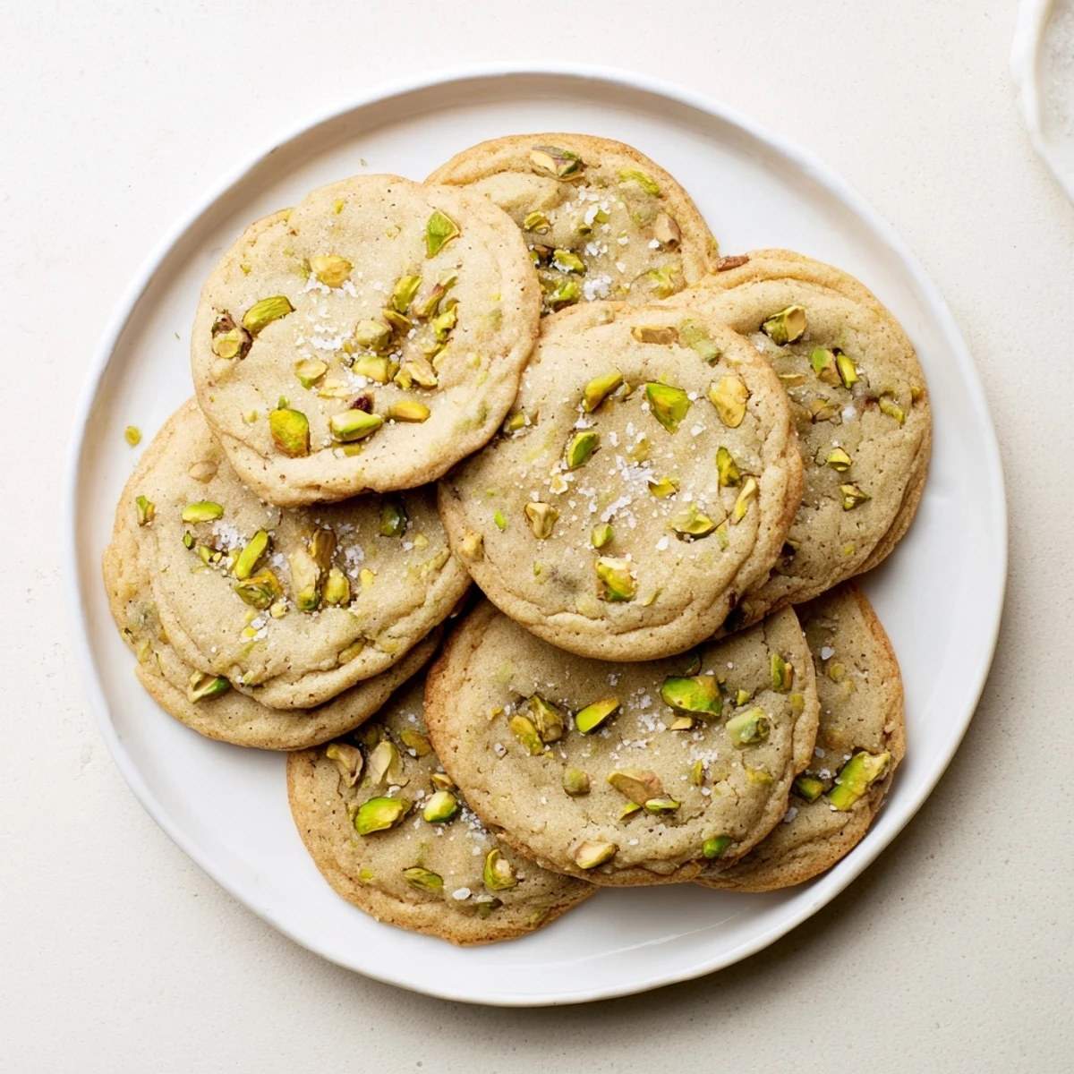 Homemade salted honey pistachio cookies cooling on wire rack with golden edges