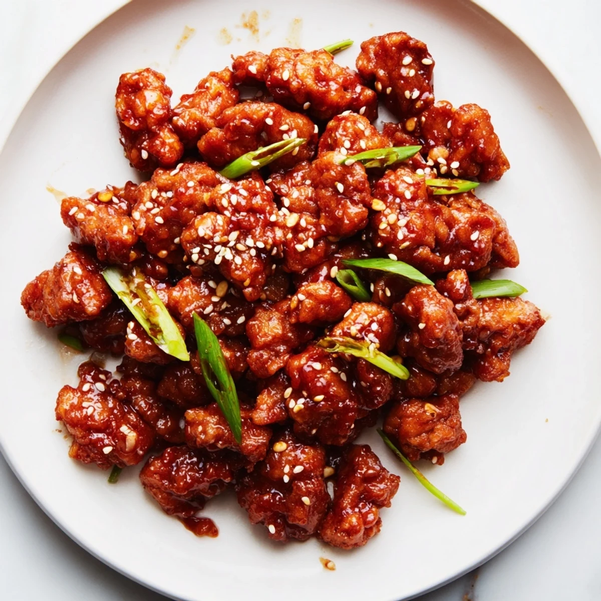 Browned ground chicken wok-fried with ginger garlic in thick General Tso's glaze