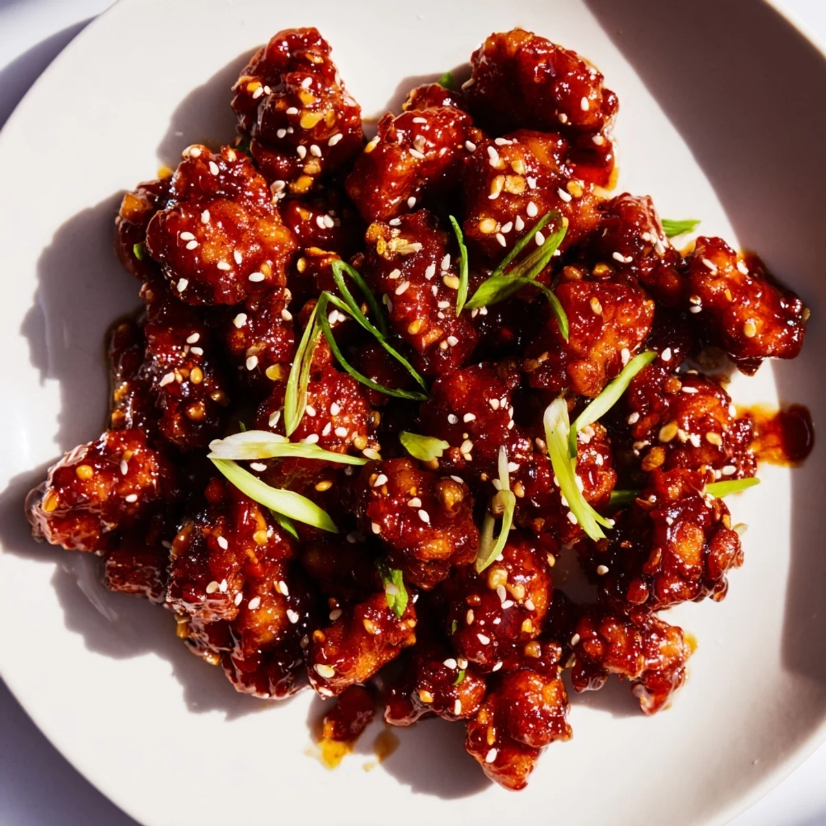 Savory ground Tso's chicken simmered in glossy sweet tangy sauce with sesame seeds