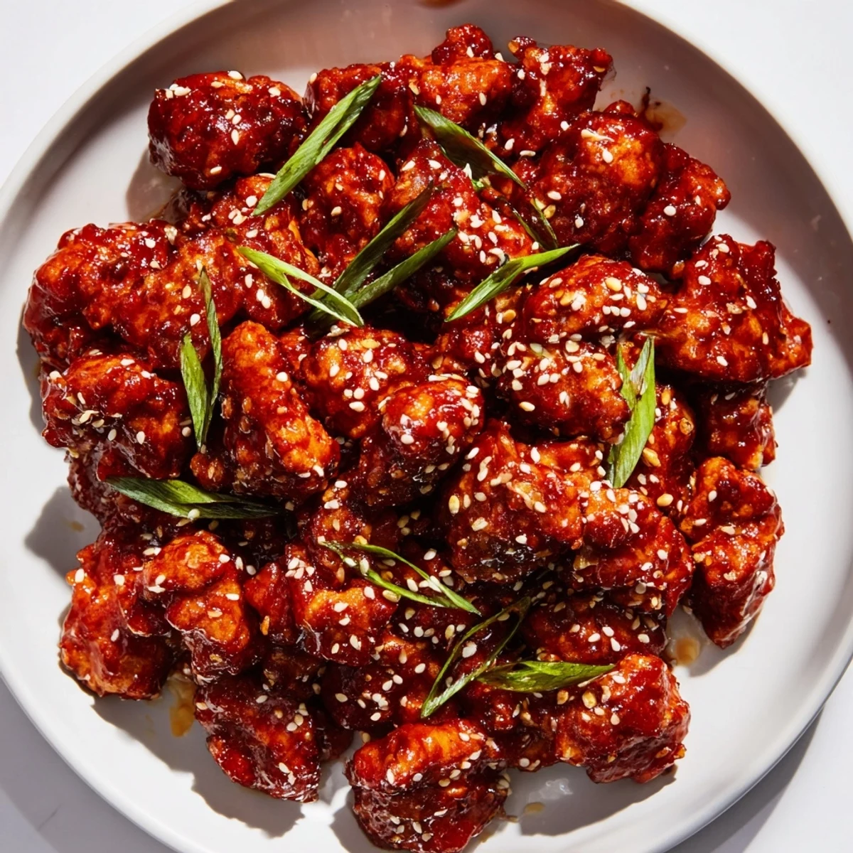 Easy ground Tso's chicken plated with green onions over steamed white rice