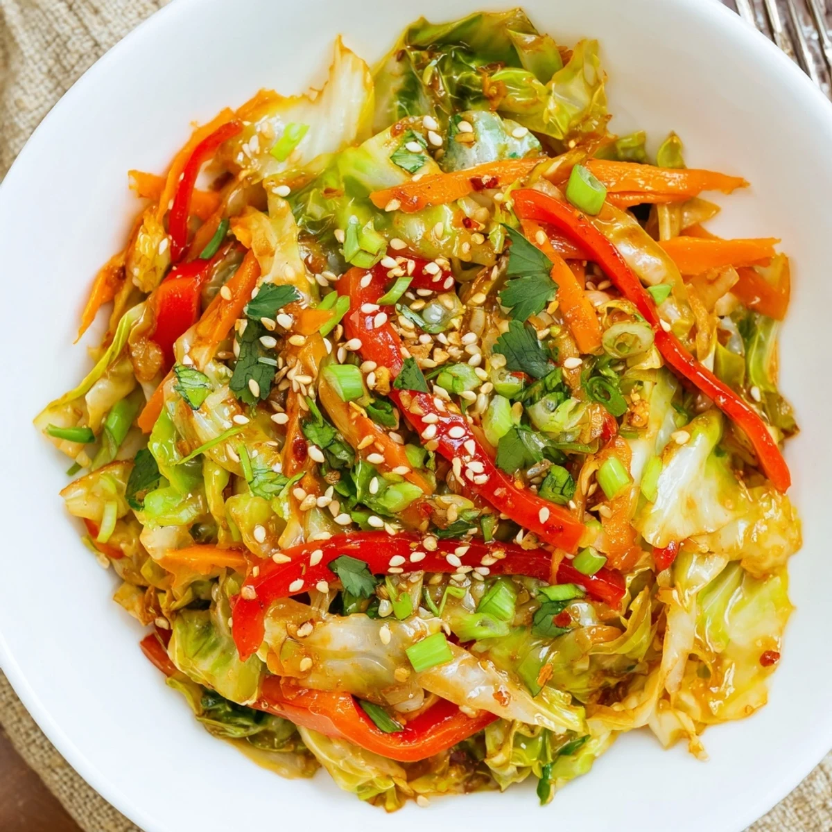 Vibrant Asian cabbage stir fry featuring crisp vegetables glazed in tangy soy sesame sauce
