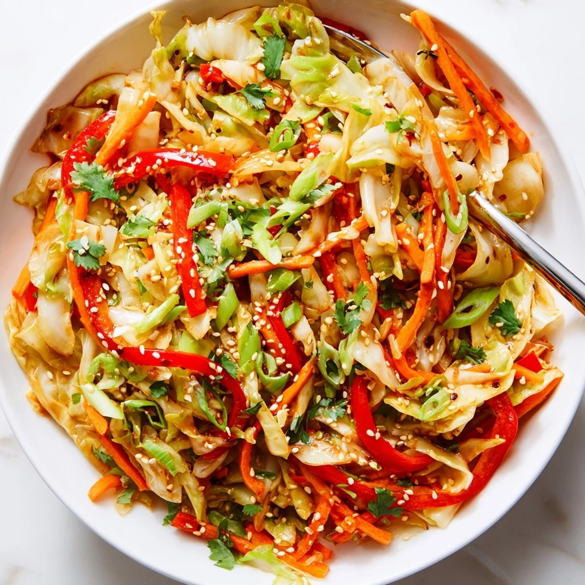 Golden cabbage stir fry with colorful vegetables in savory sauce topped with sesame seeds