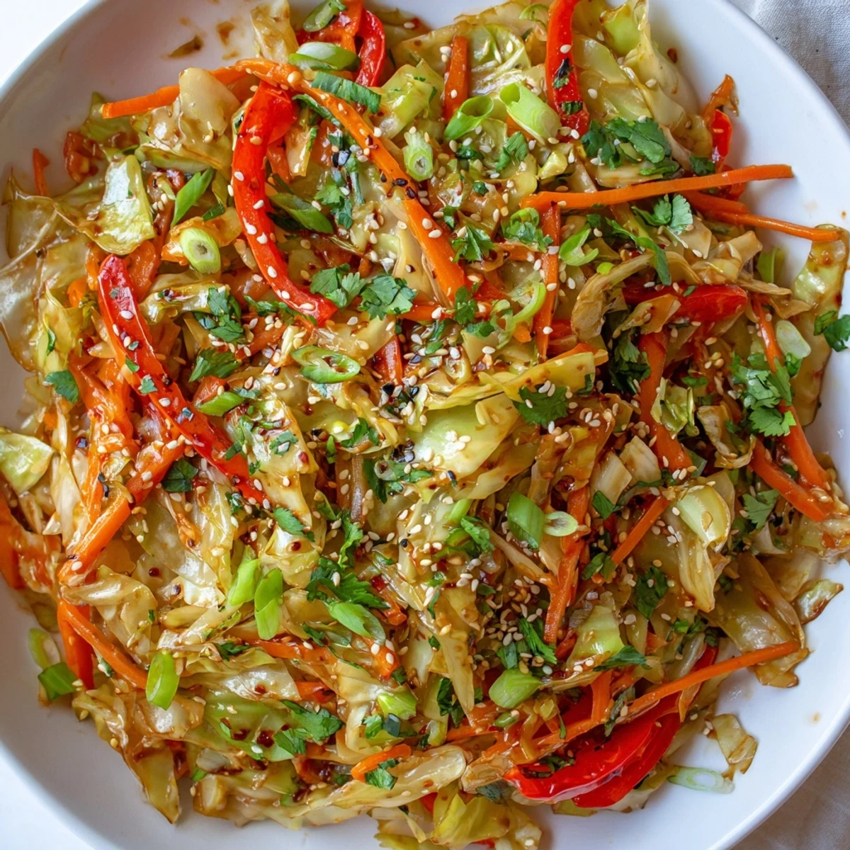 Fresh cabbage stir fry in wok with red bell pepper carrot slices and green onions