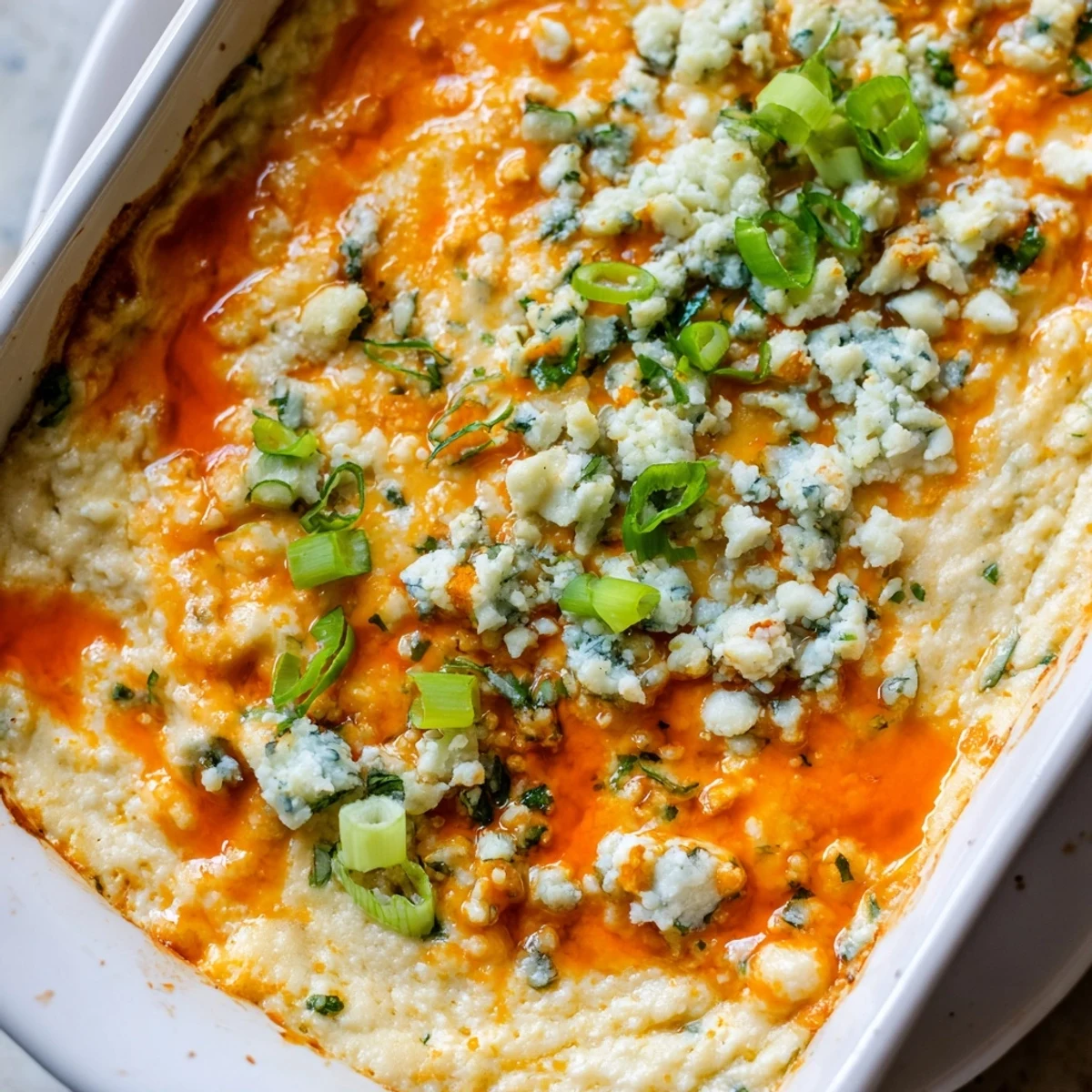 Golden white bean buffalo dip bubbling with melted cheddar and crumbled blue cheese topping