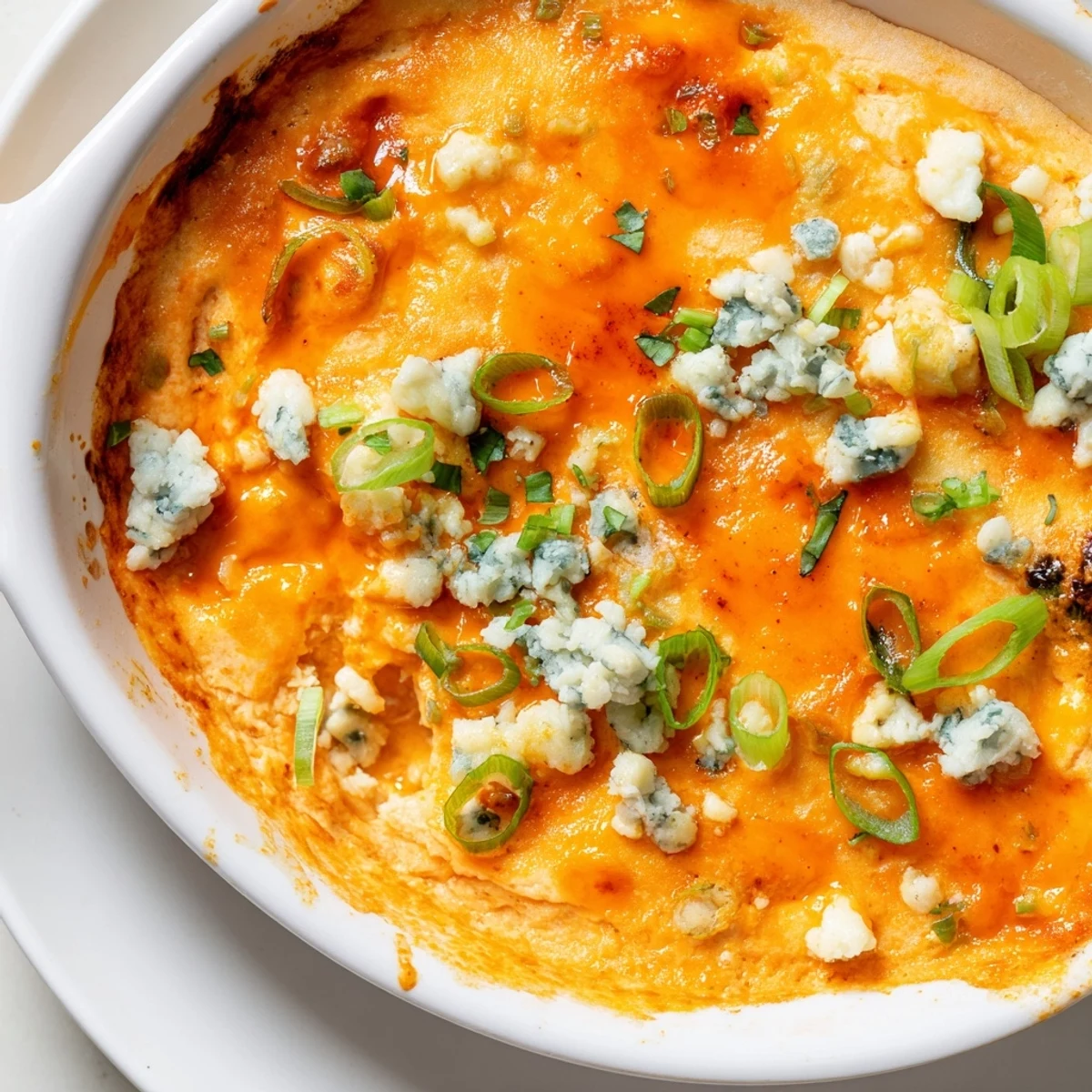 Baked cheesy white bean buffalo dip in a white dish with melted cheese layer