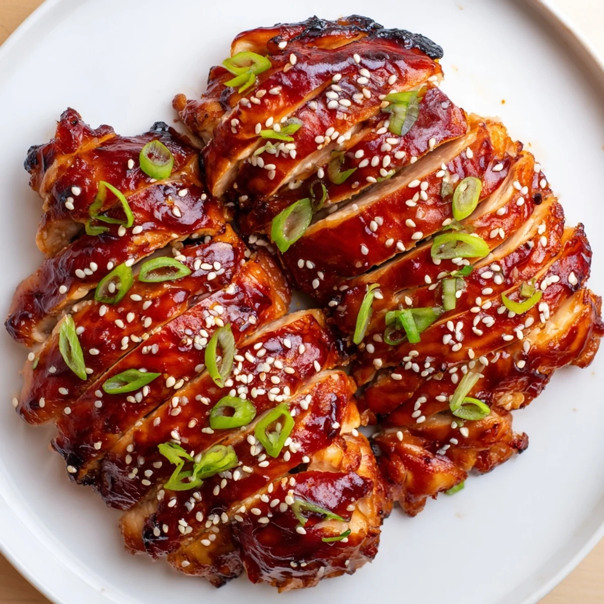 Succulent roasted chicken thighs coated in aromatic five-spice marinade, displaying glossy red char siu glaze and toasted sesame seeds.