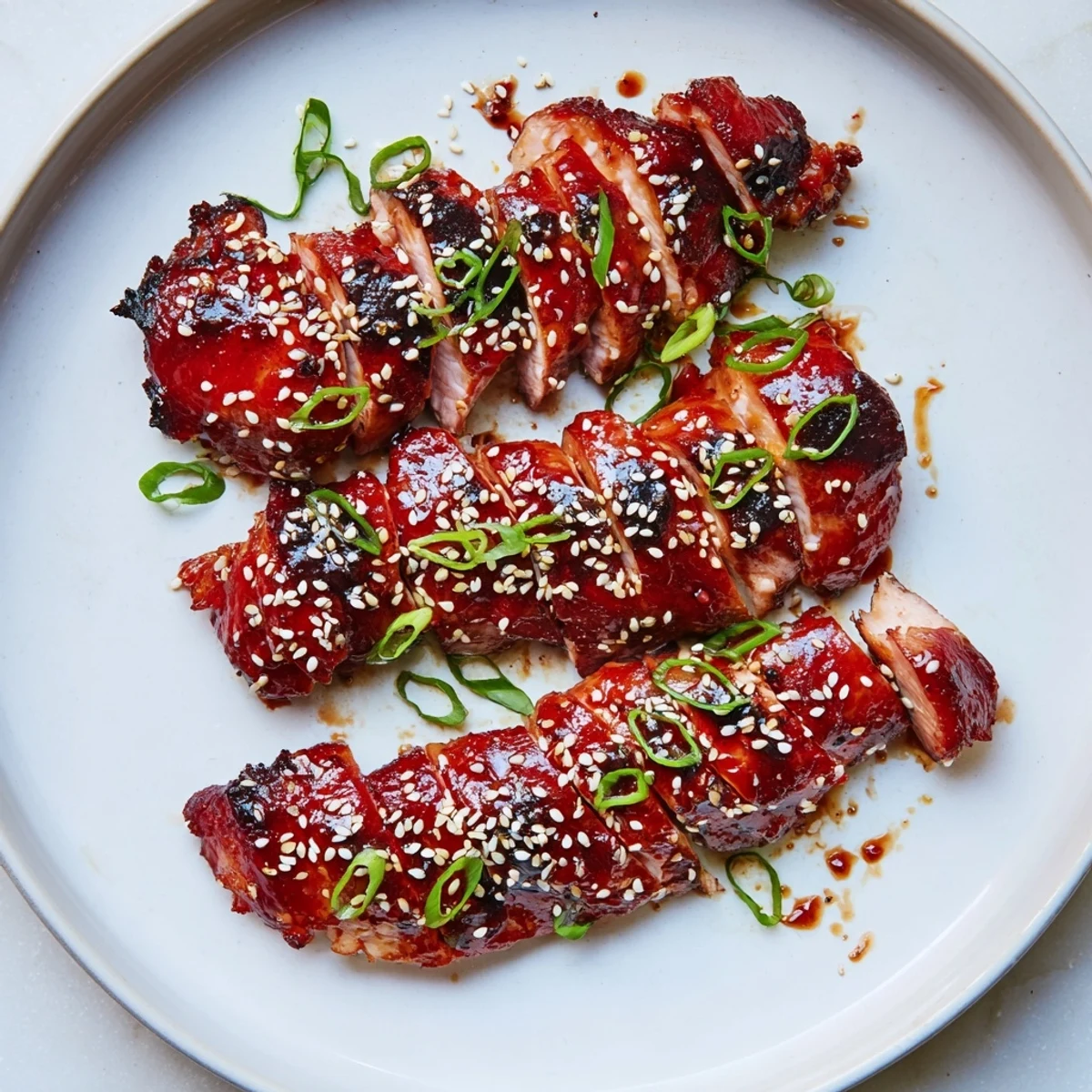 Golden caramelized Authentic Char Siu Chicken glazed with sweet hoisin honey sauce and garnished with fresh sliced spring onions.