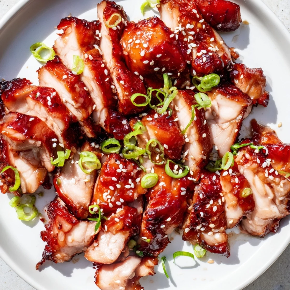 Chinese-style Authentic Char Siu Chicken served steaming on white rice, featuring tender meat with beautifully caramelized sticky edges.
