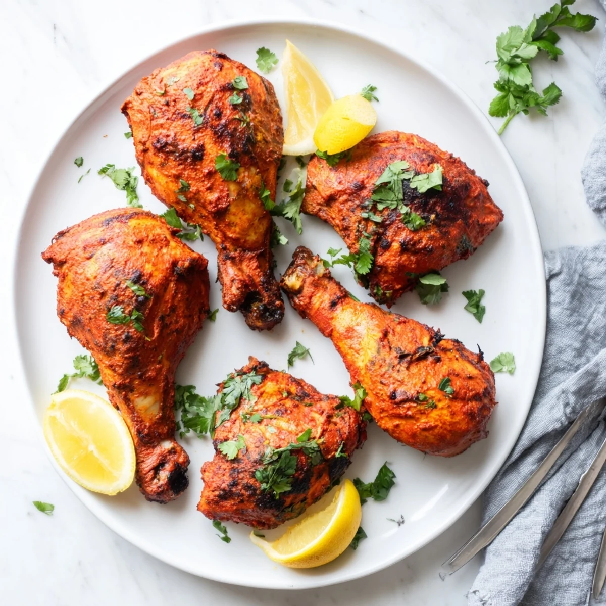 Golden brown tandoori chicken recipe with charred edges and vibrant red marinade glistening under kitchen lights
